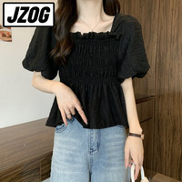 JZOG方领泡泡袖衬衫女夏薄款法式雪纺娃娃衫夏季漂亮小衫短款上衣夏款 黑色 M 95-105斤