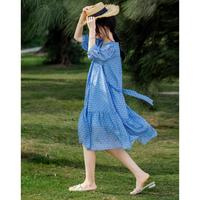 德玛纳 dme【法式碎花仙女裙】夏唯美雪纺V领泡泡袖收腰绑带连衣裙女中长