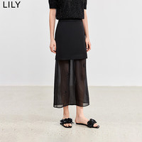 丽丽 LILY2024夏别致设计感拼接复古黑色网纱小亮片显瘦直筒半身裙 510黑色 L