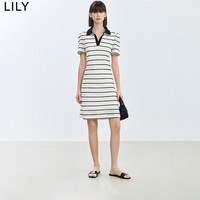 丽丽 LILY2024夏新款女装舒适全棉复古撞色条纹中长款POLO连衣裙小个子 604米白