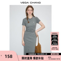 VEGA CHANG连衣裙女2024年夏季显瘦气质减龄长裙高级感t恤裙子 花灰色 S
