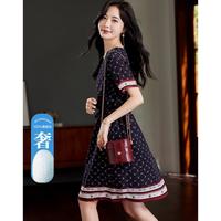 德玛纳 dme【新中式国风】春圆领100%桑蚕丝真丝印花抽绳连衣裙女中长