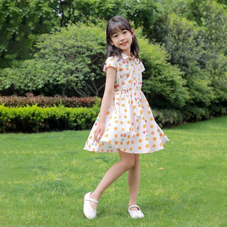 Annil安奈儿女童装连衣裙短袖夏装甜美收腰小清新翻领A字裙子 杏调花 130cm