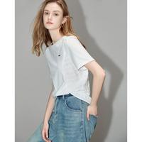 德玛纳 dme【多季好搭】夏圆领100%棉短袖t恤女拼接金属标装饰女式t恤