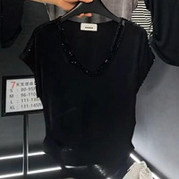 醋酸冰丝v领短袖t恤女夏季2024新款双开肩口设计修身显瘦百搭上衣