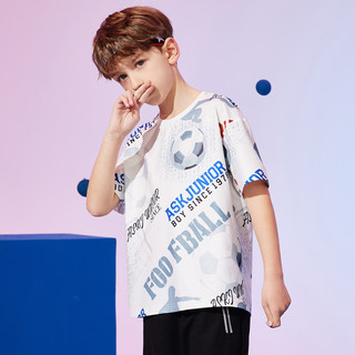 ASK JUNIOR男童短袖T恤夏儿童足球服字母印花休闲凉感速干T恤 白色 1