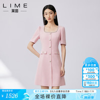 LIME FLARE莱茵方领单排扣设计感连衣裙2024秋季小香风优雅收腰裙子 灰粉色 S