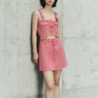 URBAN REVIVO 女士休闲解构两穿复古丹宁背带连衣裙 UWL840129 浅粉色 M