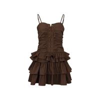 URBAN REVIVO 女复古美拉德褶皱荷叶边吊带连衣裙 UWL740061 深棕色 S