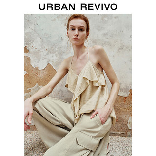 URBAN REVIVO 女士时尚休闲荷叶边露背V领吊带衫 UWH240095 米白 S