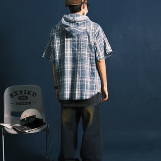 杜里尼格子短袖衬衫男夏季日系复古宽松休闲五分袖衬衣美式高街潮外套 蓝色 2XL