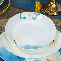 红牡丹景德镇骨瓷盘碟餐具家用陶瓷圆盘创意异形莲花菜盘轻奢鱼盘西餐盘 荷和美美饭盘 6个 8英寸