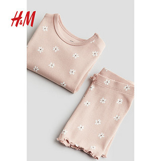 H&M童装女婴幼童2件式2024夏季休闲舒适罗纹棉质套装1147423 浅粉色/花卉 52/40
