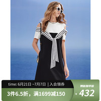 唐可娜儿（DKNY）2024春夏女露肩休闲条纹系带拼接短袖连衣裙女装 黑色 S(155/80A)