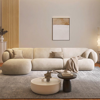 慕彼奶油风沙发现代简约北欧布艺沙发小户型客厅法式侘寂沙发 3.6m转角沙发+茶几伸缩电视柜 海绵坐垫【30%客户选择】