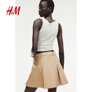 H&M女装半身裙2024夏A字斜纹布褶裥半身裙1238886 米色 155/60 32