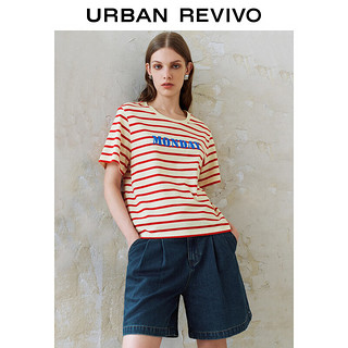 UR2024秋季女装都市学院风撞色条纹刺绣短袖T恤UWU440158 红色条纹 XS