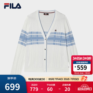 FILA 斐乐官方女士编织外套2024夏季新款时尚休闲蓝格子大V领开衫 标准白-WT 1