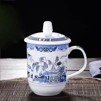 GUSHA 古莎 景德镇陶瓷杯会议办公室水杯带盖家用陶瓷水杯套装酒 青花瓷1号杯