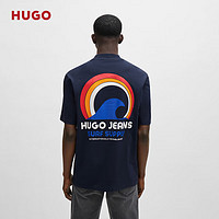 HUGO24夏季冲浪风艺术图案装饰棉质平纹针织短袖T恤 深蓝色 EU:XS