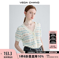 VEGA CHANG短袖针织衫女2024夏季小众设计感v领条纹高级感提花镂空上衣 提花条纹 S