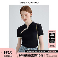 VEGA CHANG短袖针织衫女2024夏设计感斜领小个子修身显瘦黑色短款上衣 中式黑 S