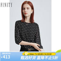 FINITY菲妮迪女装雪纺衫春季简约波点设计感圆领五分袖上衣女 黑底白点