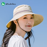 SHUKIKU成人防晒帽女亲子款防紫外线亲肤透气大帽檐沙滩遮阳帽渔夫帽 米色织带 成人均码(57cm-59-cm)