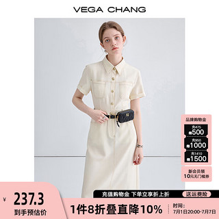 VEGA CHANG法式连衣裙女2024年夏新款通勤时尚气质高级感收腰显瘦短袖长裙子 香草杏