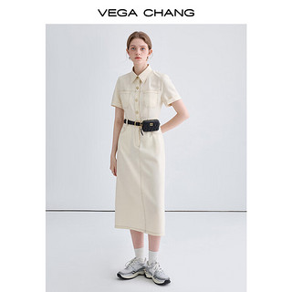 VEGA CHANG法式连衣裙女2024年夏新款通勤时尚气质高级感收腰显瘦短袖长裙子 香草杏