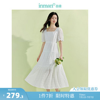 茵曼（INMAN）法式肌理桔梗裙2024夏季女装白色短袖方领气质连衣裙 霜白色 XL