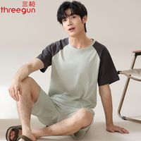 三枪莫代尔睡衣男士夏季夏款短袖短裤冰凉家居服男款薄款冰丝套装