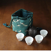 丰陶张生 中式棉麻布艺收纳茶杯袋便携式简易旅行布包茶具壶盖碗保护袋 一壶四杯杯袋-瑞鹤图（不含茶具）