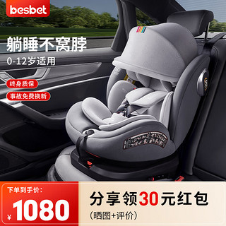 besbet 贝思贝特 儿童座椅0-4-12岁汽车用婴儿宝宝360度旋转 BW19-TT 骑士灰 旋转骑士-骑士灰