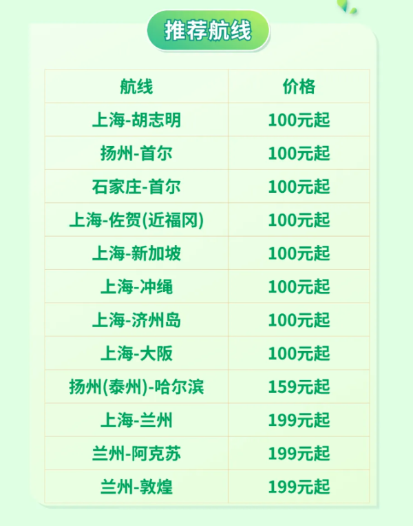 100元+飞日韩!春秋航空 上海=日本多地/韩国多地机票