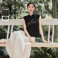 新中式国风正肩T恤女2024夏季刺绣修身清高级感背心马甲衬衫