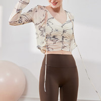 PEANOJEAN瑜伽开衫女夏网纱印花长袖罩衫上衣绑带透气防晒运动外套Y75 象牙白印花罩衫 L