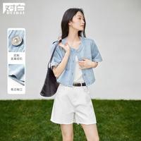 2024夏装简约口袋装饰翻边袖宽松短款圆领女式短袖牛仔外套