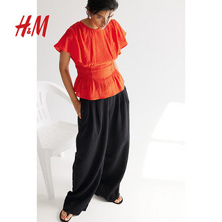 H&M女装衬衫2024夏季休闲舒适圆领短袖纹理织上衣1231462 红色 155/80