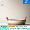 九土日式复古粗陶餐盘大容量深盘手工织把手陶瓷菜盘汤盆圆形水果盘子日式圆盘创意家用 小號