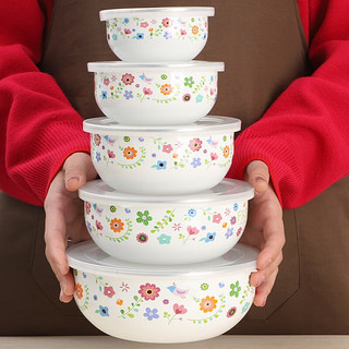 欧丽家 搪瓷五件套珐琅搪瓷碗带盖套装碗保鲜碗盒沙拉碗菜碗冰箱储物  五件套彼得兔