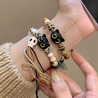 骷髅猫咪陶瓷编织绳手链女小众设计感甜酷中国风流苏彩色手串手饰