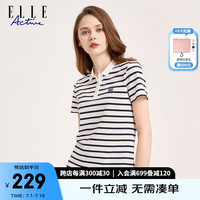 ELLE ACTIVE复古条纹系列Polo衫女装夏季舒适微弹条纹撞色运动休闲短袖T恤女 白/藏青色
