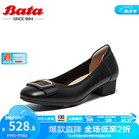 Bata浅口单鞋女2024秋商场羊皮粗跟通勤方扣软底单鞋AOX12CQ4 黑色 34