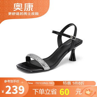 奥康（Aokang）仙女风凉鞋高跟鞋细跟显瘦一字带方头女凉黑色35码
