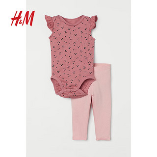H&M童装早春女婴套装2件式可爱心形无袖连身哈衣打底裤1009856 粉红色/心形 100/56