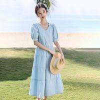 法式茶歇连衣裙女士夏季度假风纯棉V领蛋糕长裙子
