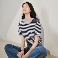 时尚绣花撞色条纹短袖T恤女2024夏季百搭休闲圆领显瘦上衣