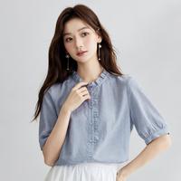 纯棉法式荷叶边短袖衬衫女2024夏季气质肌理感别致时尚衬衣