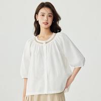 纯棉舒适民族风泡泡袖衬衣女2024夏季气质甜美宽松短袖白衬衫